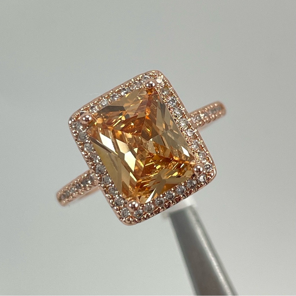 Beautiful Statement Radiant Cut Halo Champagne Diamond Cz Rose Gold Tone Ring 60$